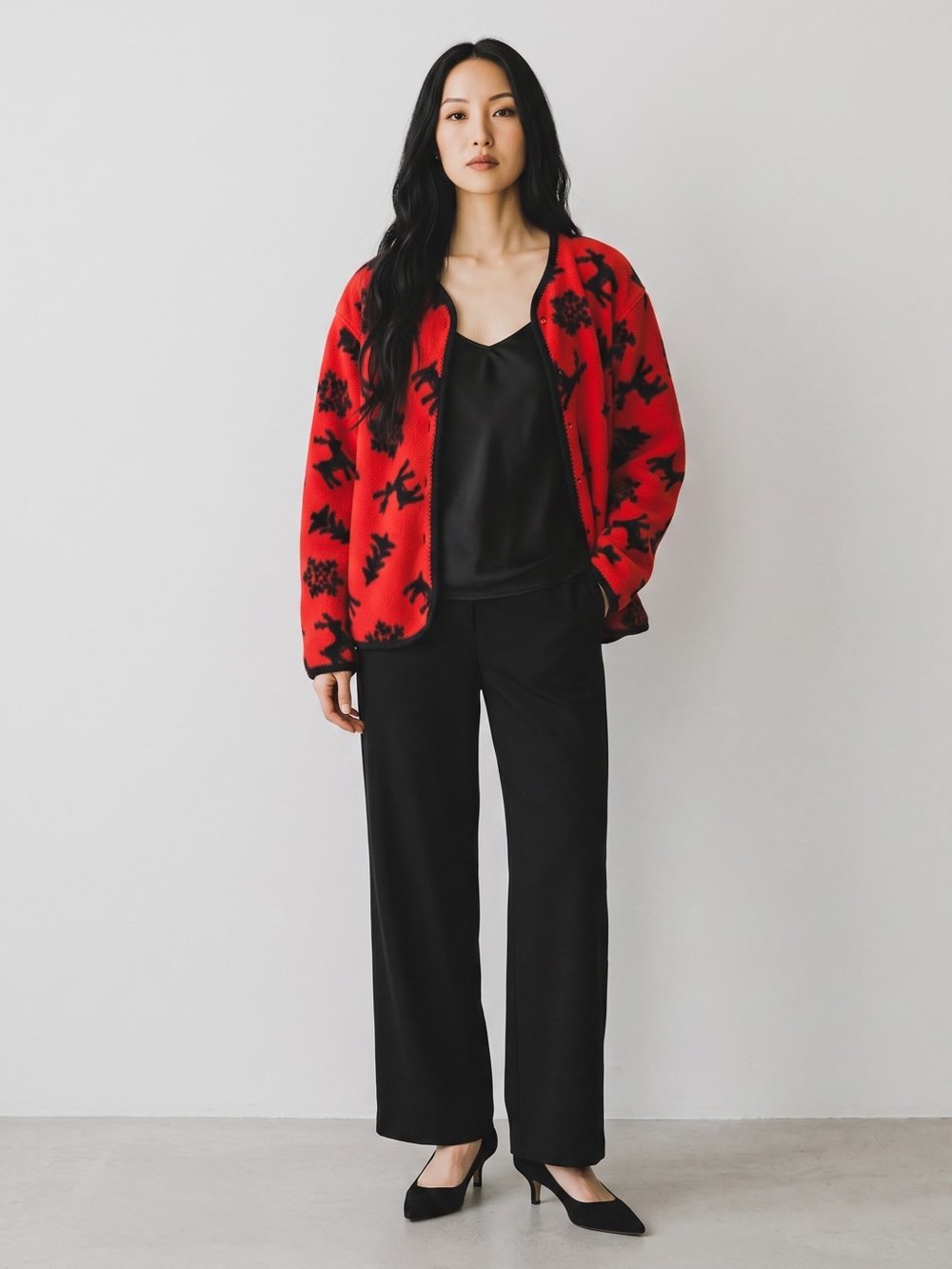 Talbots Red Fleece Button-Up Sweater with Black Holiday Motifs